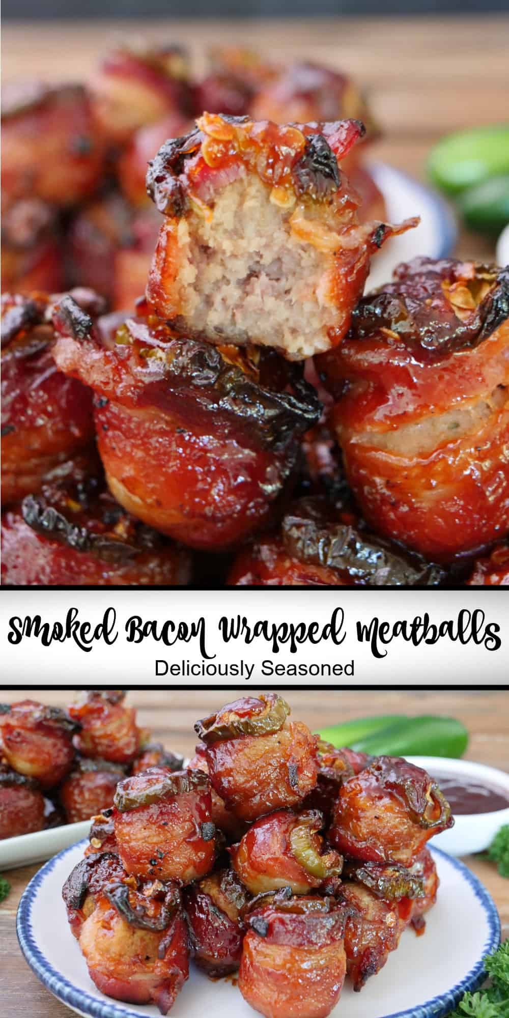 A two panel collage of smoked bacon wrapped meatballs on a white plate with blue trim and a bite taken out of the meatball on top, and a title overlay in the center of the two photos.