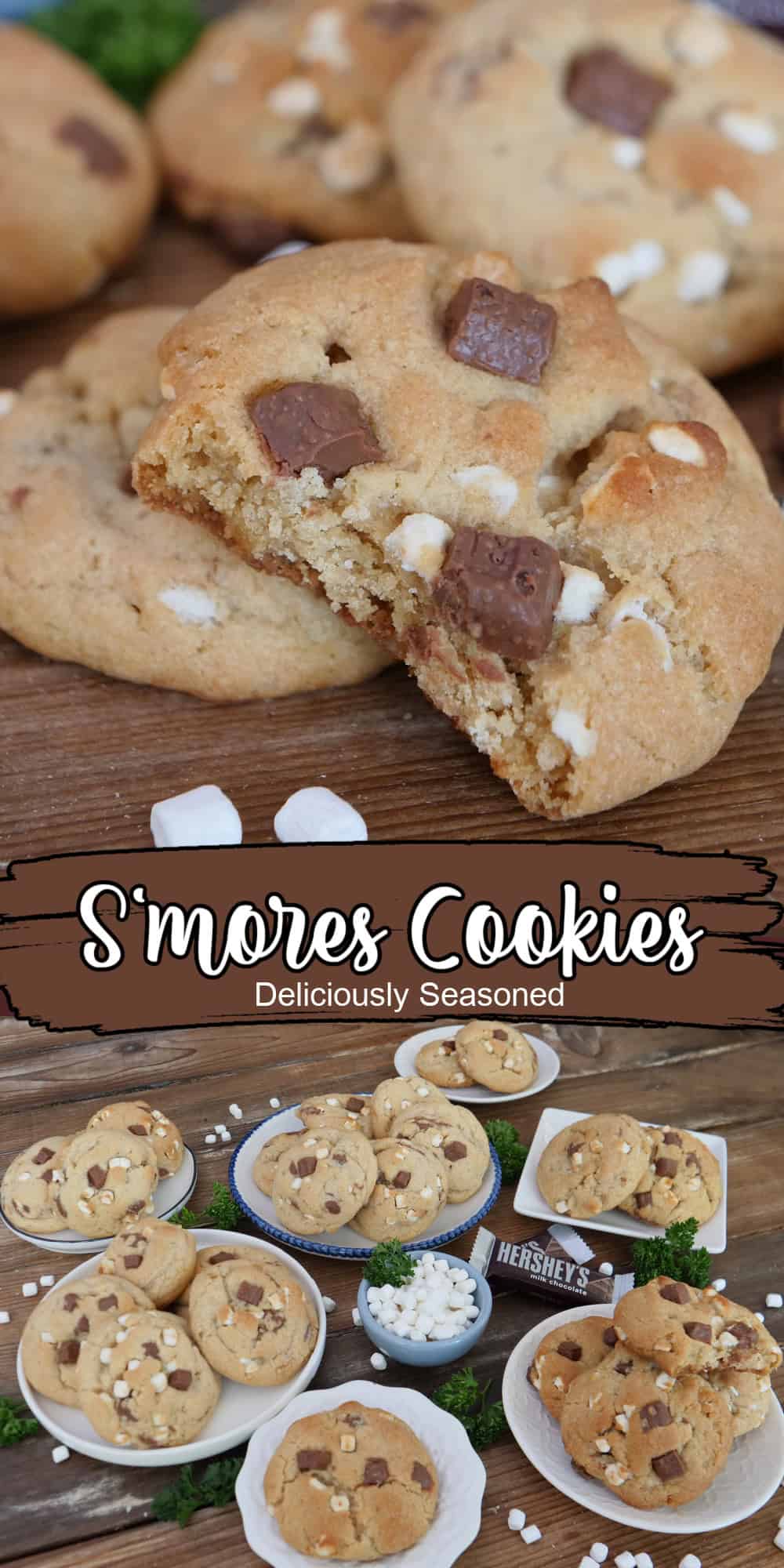 A two panel image collage of s'mores cookies with a title overlay in the center.