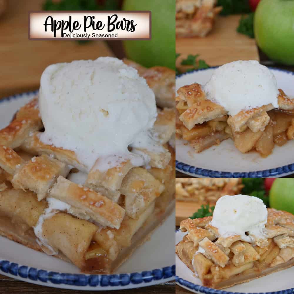 A three panel image collage of a serving of apple pie bars on a white plate with blue trim with a title overlay at the top.