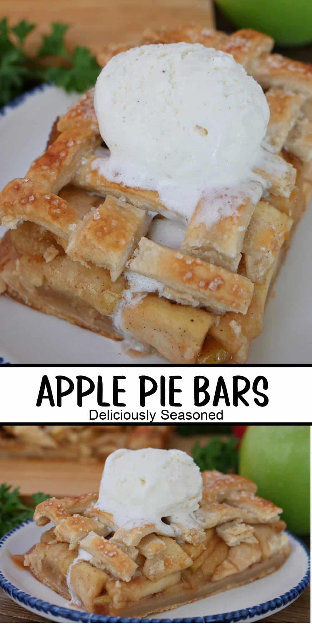 A two panel image collage of apple pie bars on a white plate with blue trim and a title overlay in the center.