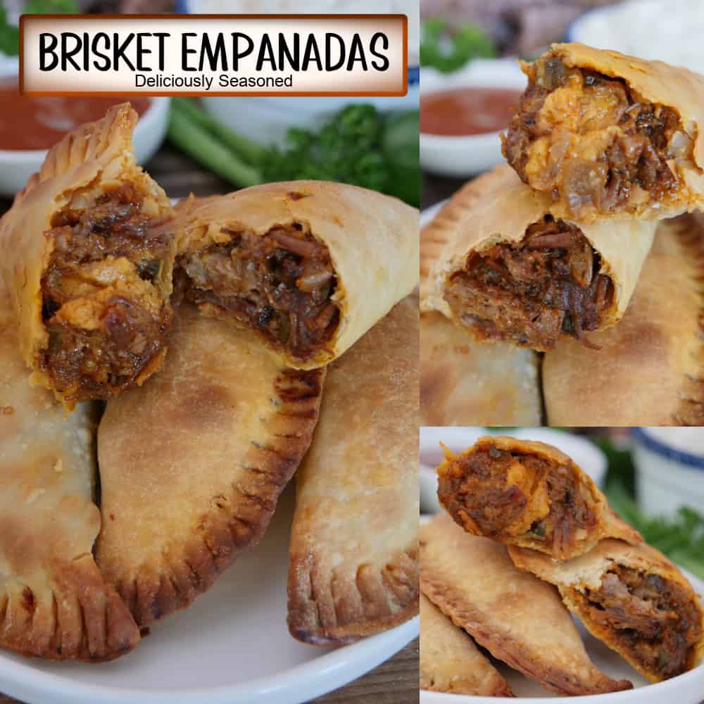 A three image panel collage of beef brisket empanadas with a title overlay at the top.