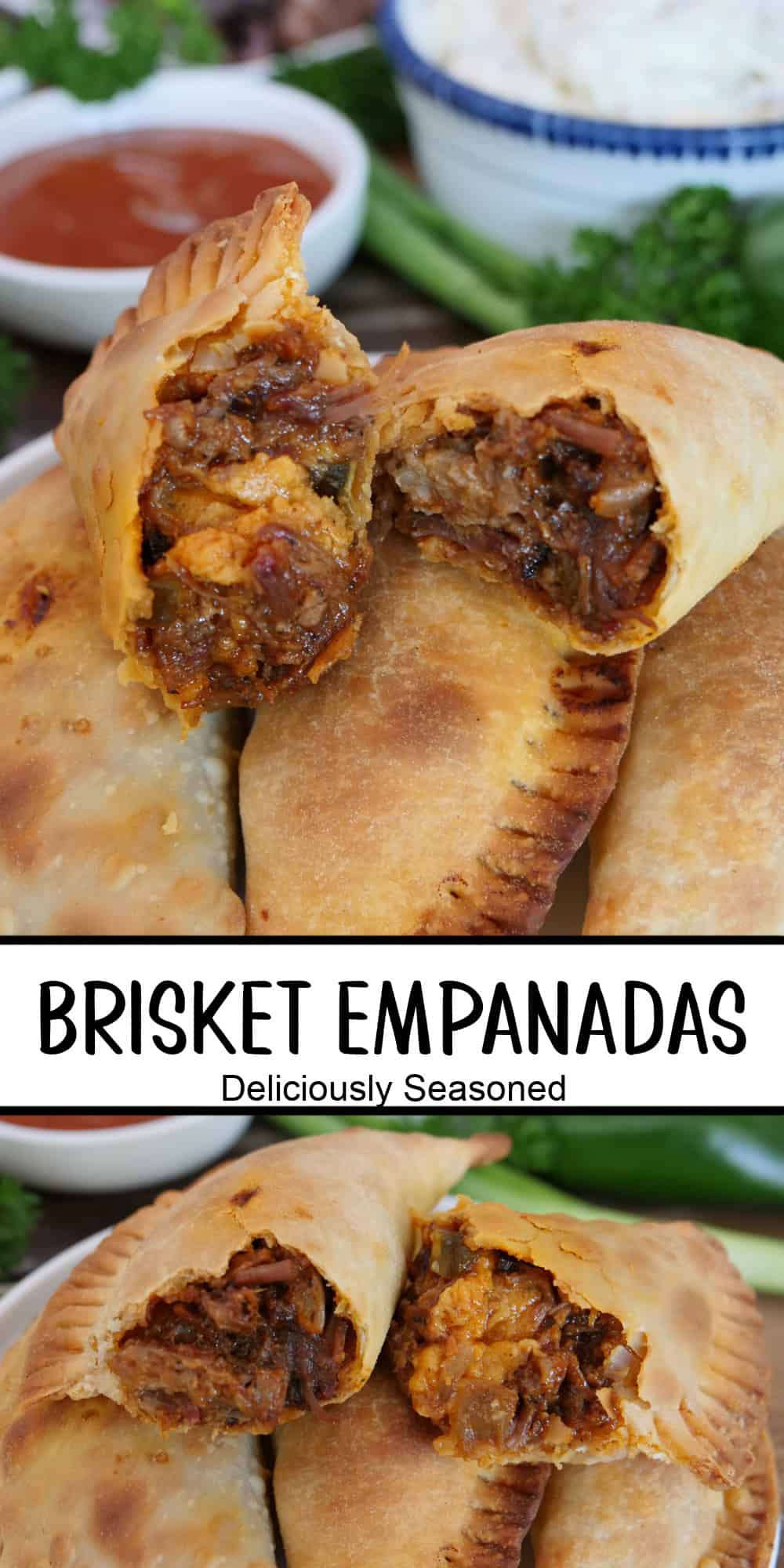 A two panel image collage of beef brisket empanadas with a title overlay in the center.