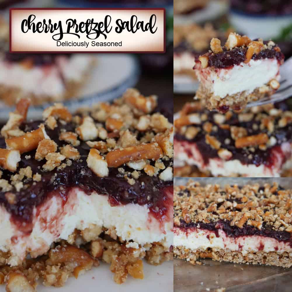 A three panel image collage of cherry pretzel salad with a title overlay at the top.