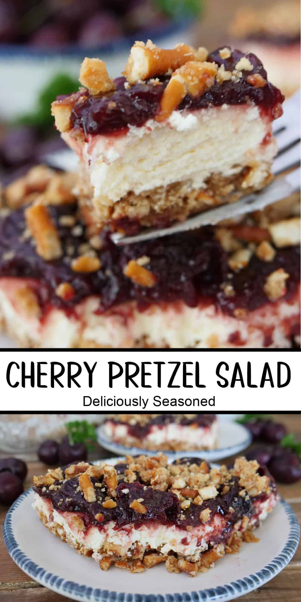 A two panel image collage of cherry pretzel salad with a title overlay in the center.