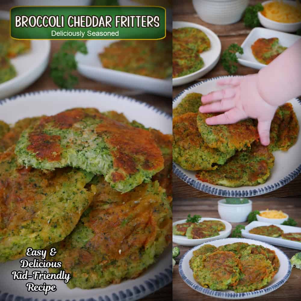 A three panel image collage of broccoli cheddar patties, and a title overlay at the top.
