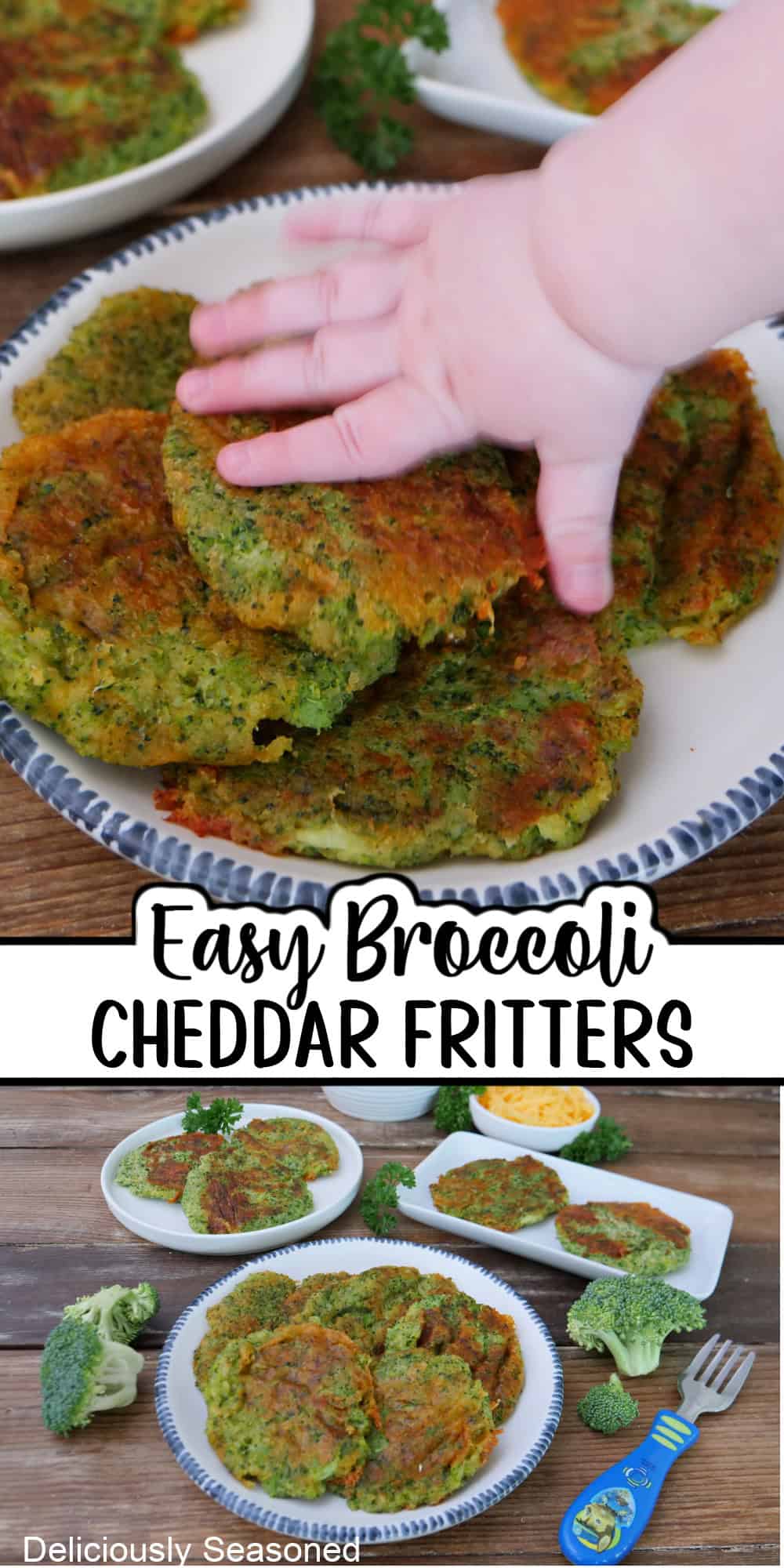 A two panel image collage of broccoli cheddar fritters on a white plate with blue trim and a title overlay in the center.