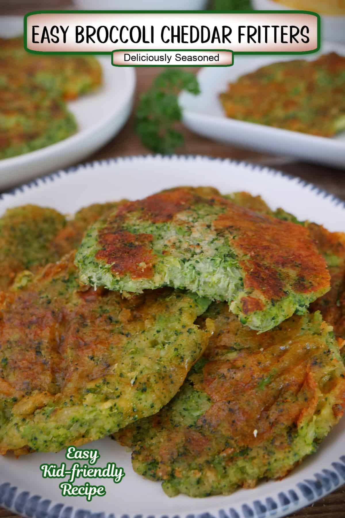 A round white plate with blue trim with four broccoli cheddar fritters on it with a bite taken out of the one on top, and a title overlay at the top.