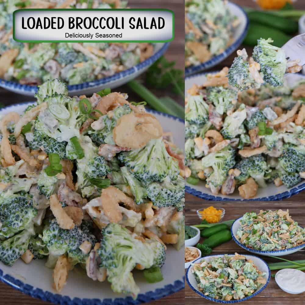 A three panel image collage of loaded broccoli salad in a white bowl, and a title overlay at the top.