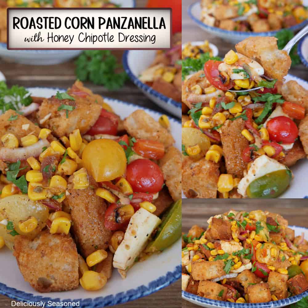 A three panel image collage of roasted corn panzanella salad with a title overlay at the top.