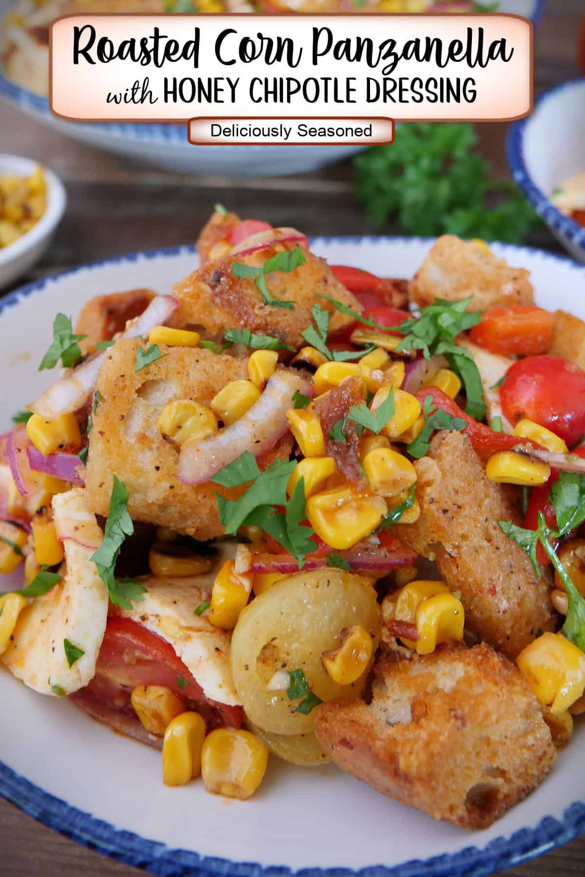 A white bowl with blue trim filled with a serving of roasted corn panzanella salad, and a title overlay at the top.