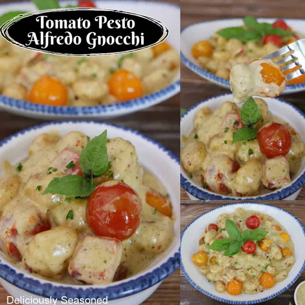 A three panel collage of tomato pesto alfredo gnocchi in white bowls with a title overlay at the top.