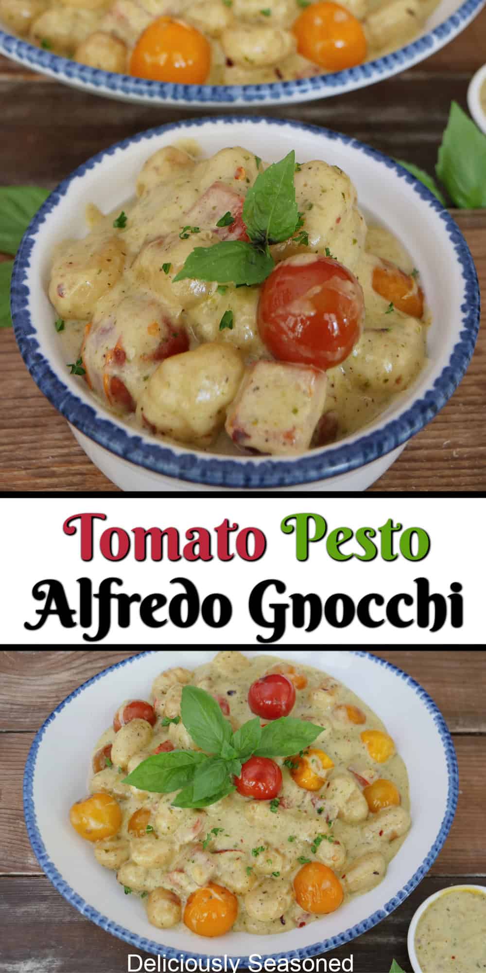 A two panel image collage of a white bowl with blue trim filled with a serving of tomato pesto alfredo gnocchi, and a title overlay in the center.