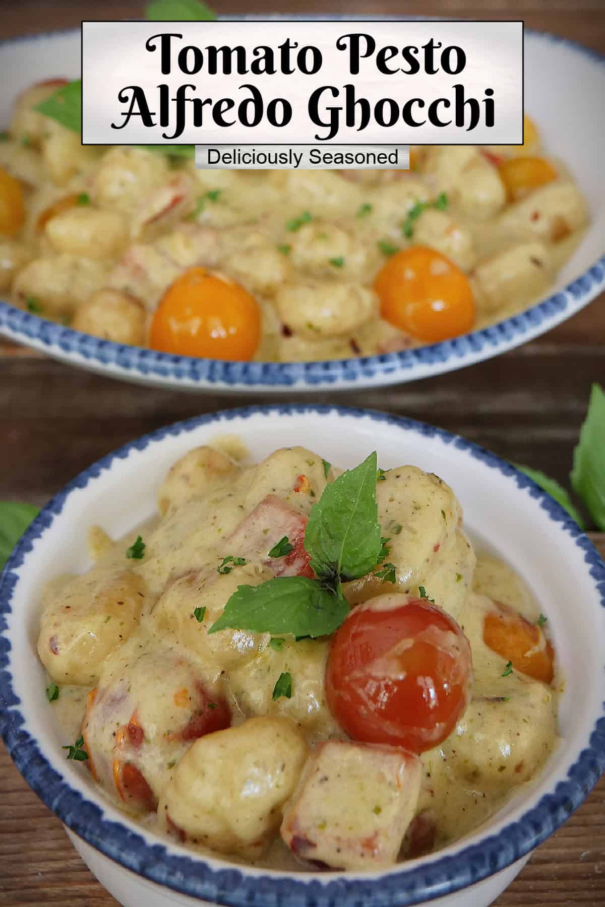 Two white bowls with blue trim with a serving of tomato pesto alfredo gnocchi in them, and a title overlay at the top.