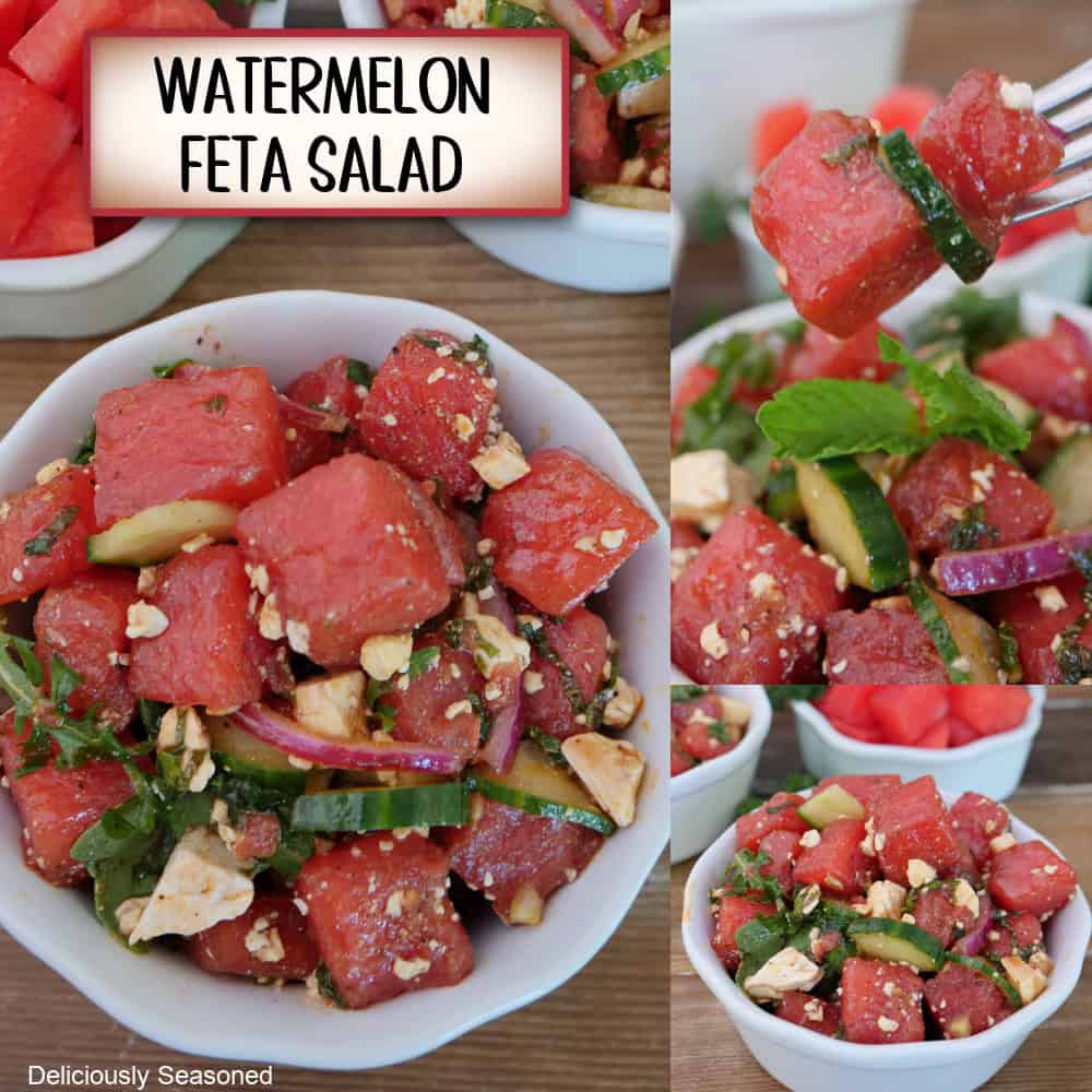 A three panel image collage of watermelon feta salad, and a title overlay at the top.