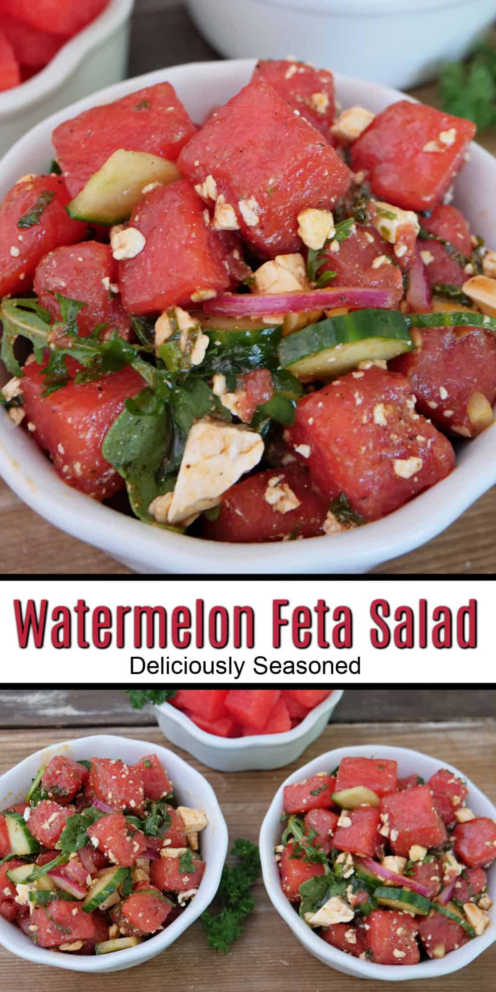 A two panel image collage of watermelon feta salad in a white bowl with a title overlay in the center.