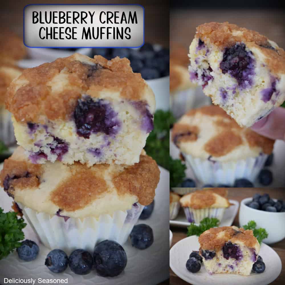 A three panel image collage of blueberry cream cheese muffins, and a title overlay at the top.