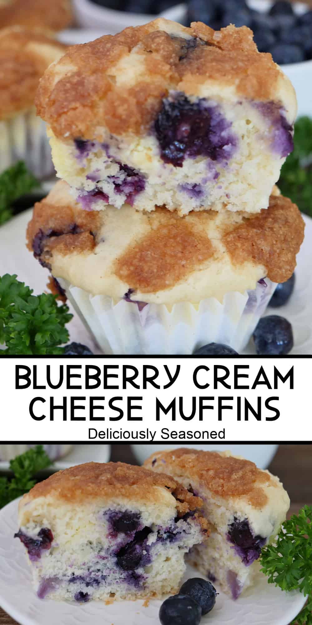 A two panel image collage of blueberry cream cheese muffins with a title overlay in the center.