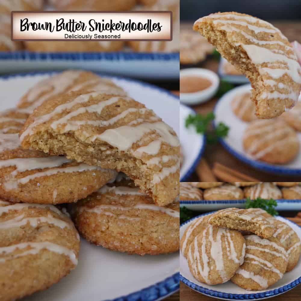 A three panel image collage of brown butter snickerdoodles with a title overlay at the top.