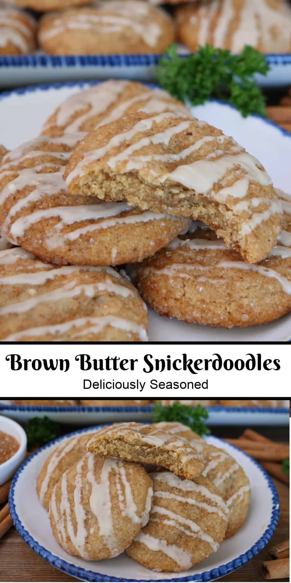 A two panel image collage of brown butter snickerdoodles with a title overlay in the center.