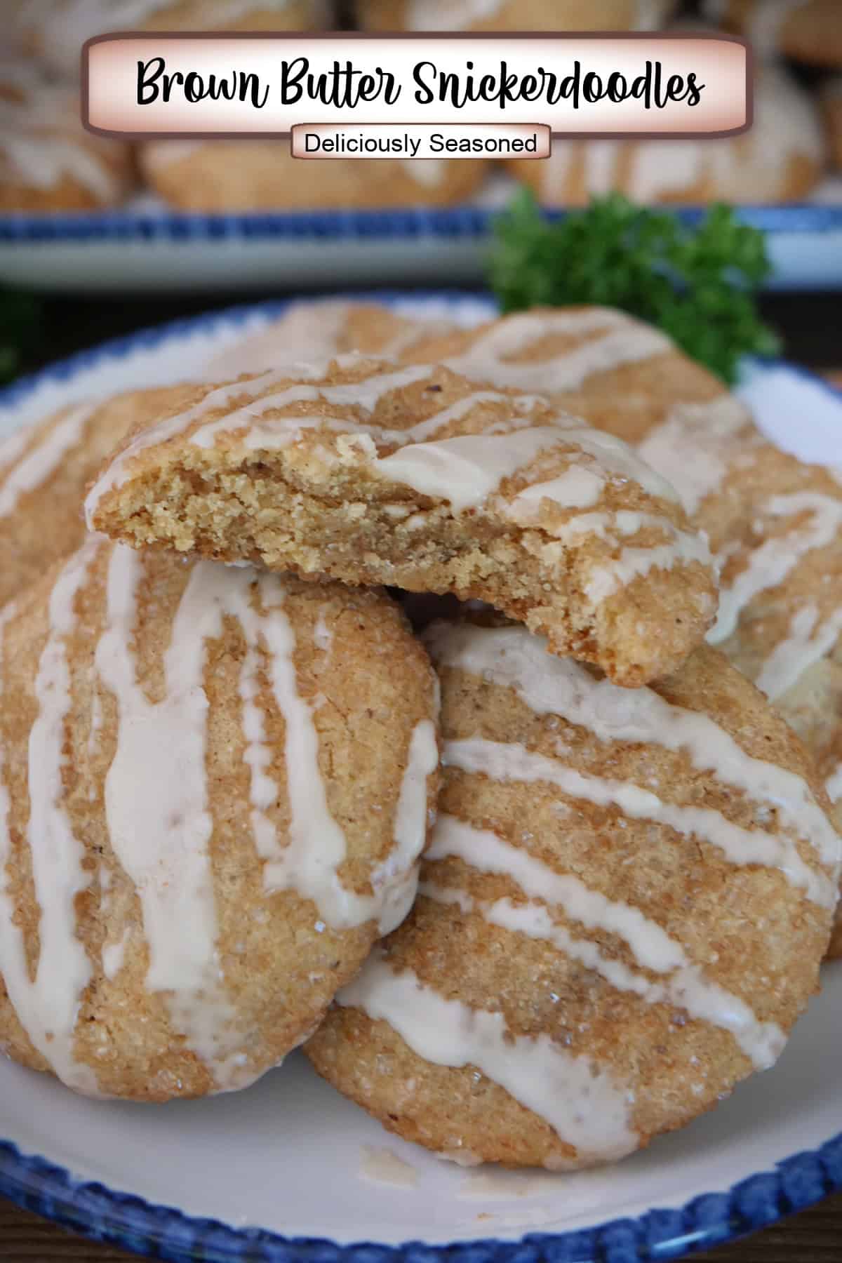 A white plate with blue trim with five brown butter snickerdoodles on it with a bite out of the one on top, and a title overlay at the top.