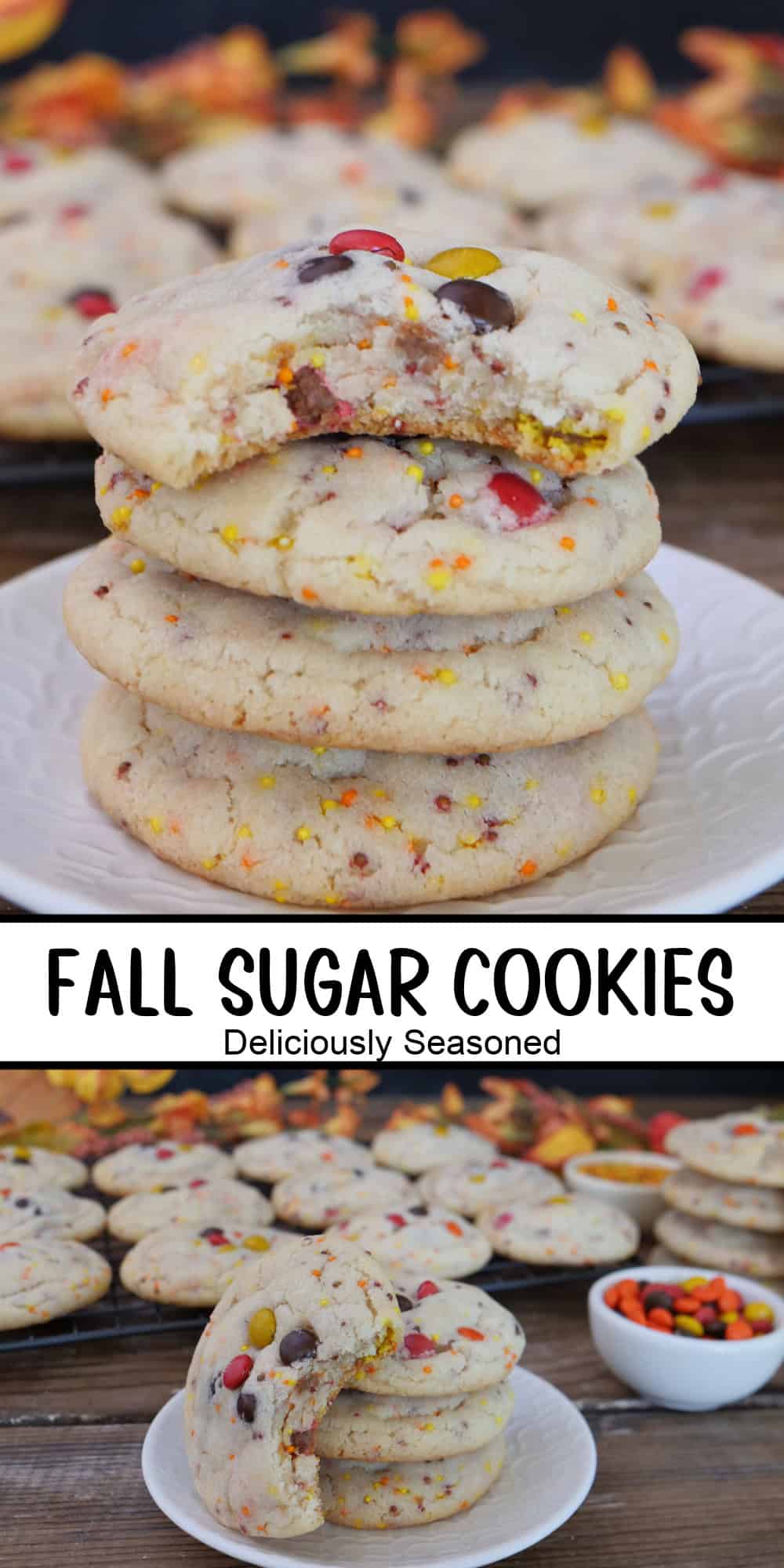 A two panel image collage of fall sugar cookies with a title overlay in the center.
