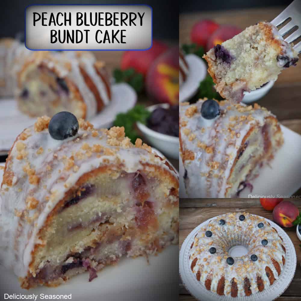 A three panel image collage of peach blueberry bundt cake with a title overlay at the top.