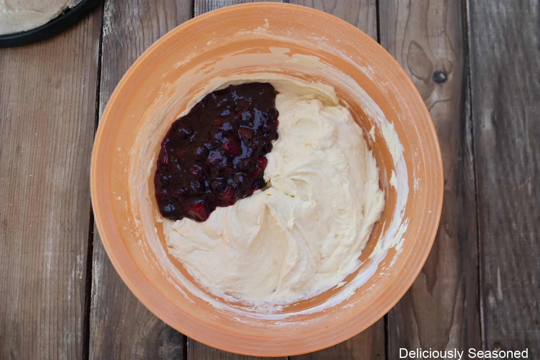 Bundt cake batter with Greek yogurt and the fruit filling added.