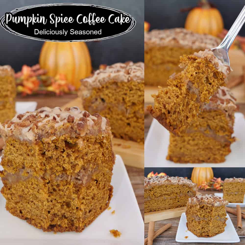 A three panel image collage of pumpkin spice coffee cake with a title overlay at the top.