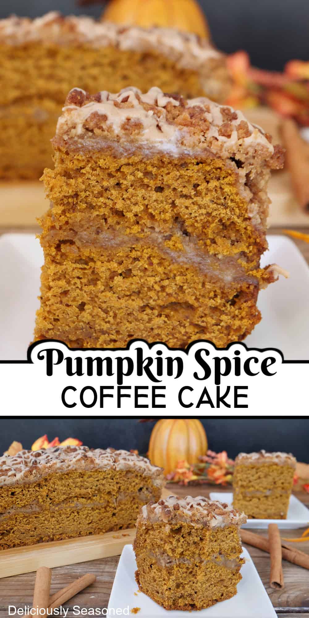 A two panel image collage of pumpkin spice coffee cake with a title overlay in the center.