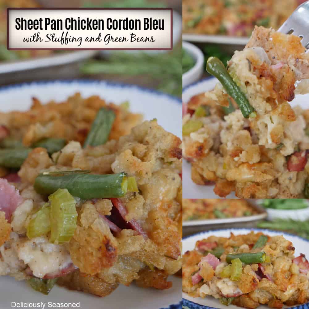 A three image collage of sheet pan chicken cordon bleu with stuffing and a title overlay at the top.
