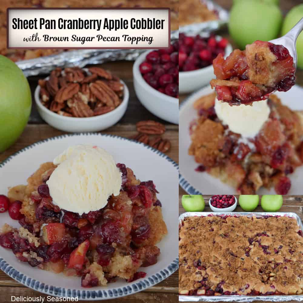 A three panel image collage of sheet pan cranberry apple cobbler, and a title overlay at the top.