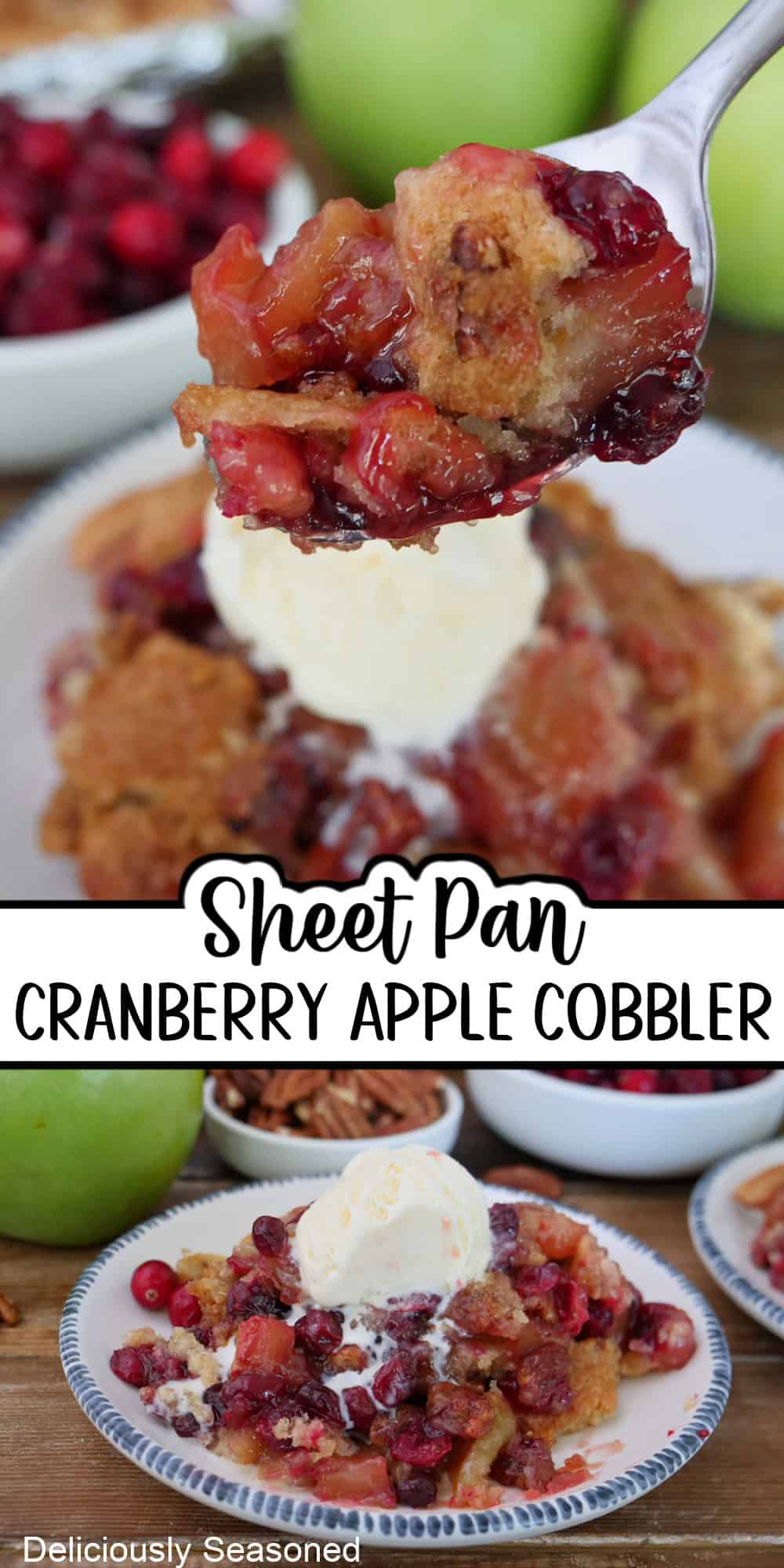 A two panel image collage of cranberry apple cobbler with a title overlay in the center.