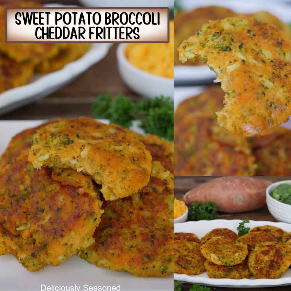 A three panel image collage of sweet potato broccoli cheddar fritters, and a title overlay at the top.