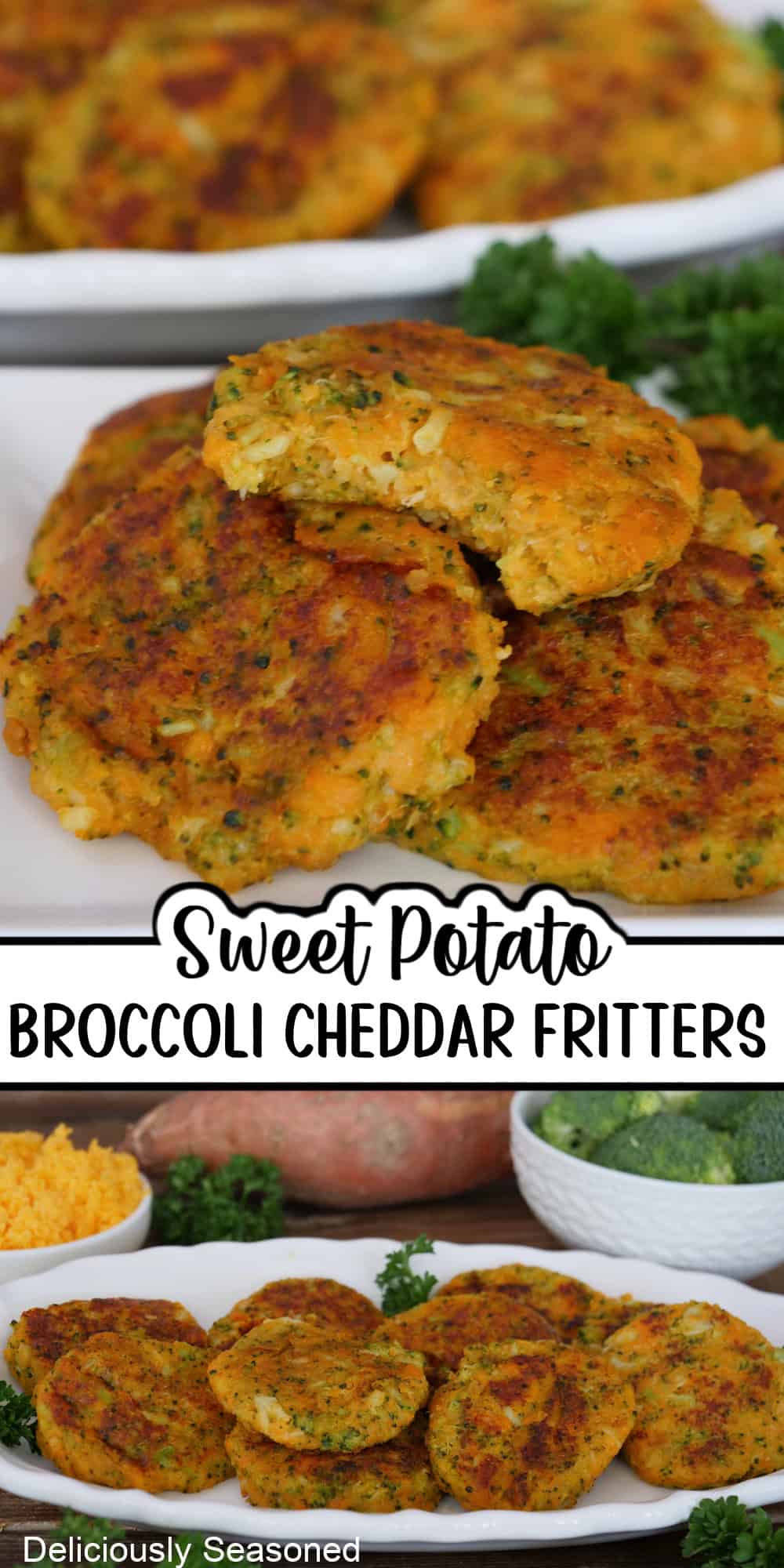 A two panel image collage of sweet potato broccoli cheddar fritters, and a title overlay in the center.
