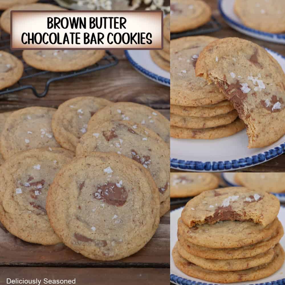 A three panel image collage of brown butter chocolate bar cookies, and a title overlay at the top.