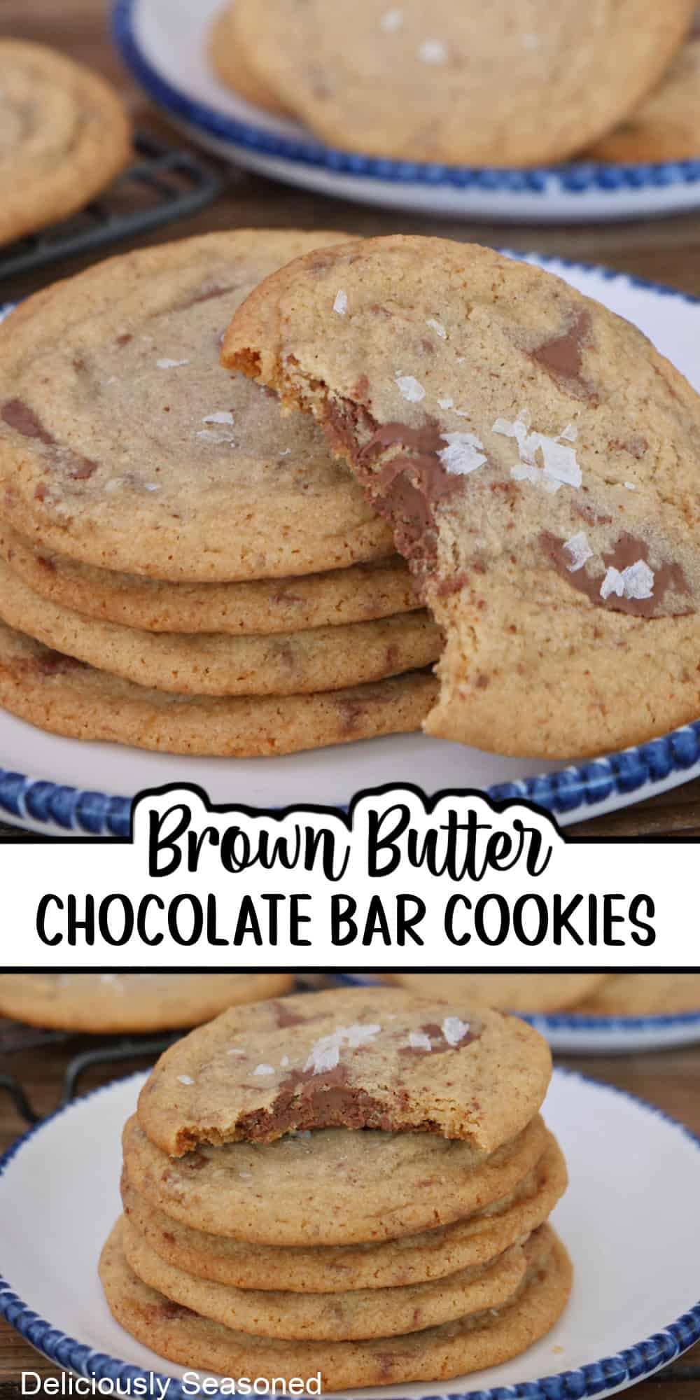 A two panel image collage of brown butter chocolate bar cookies and a title overlay in the center.