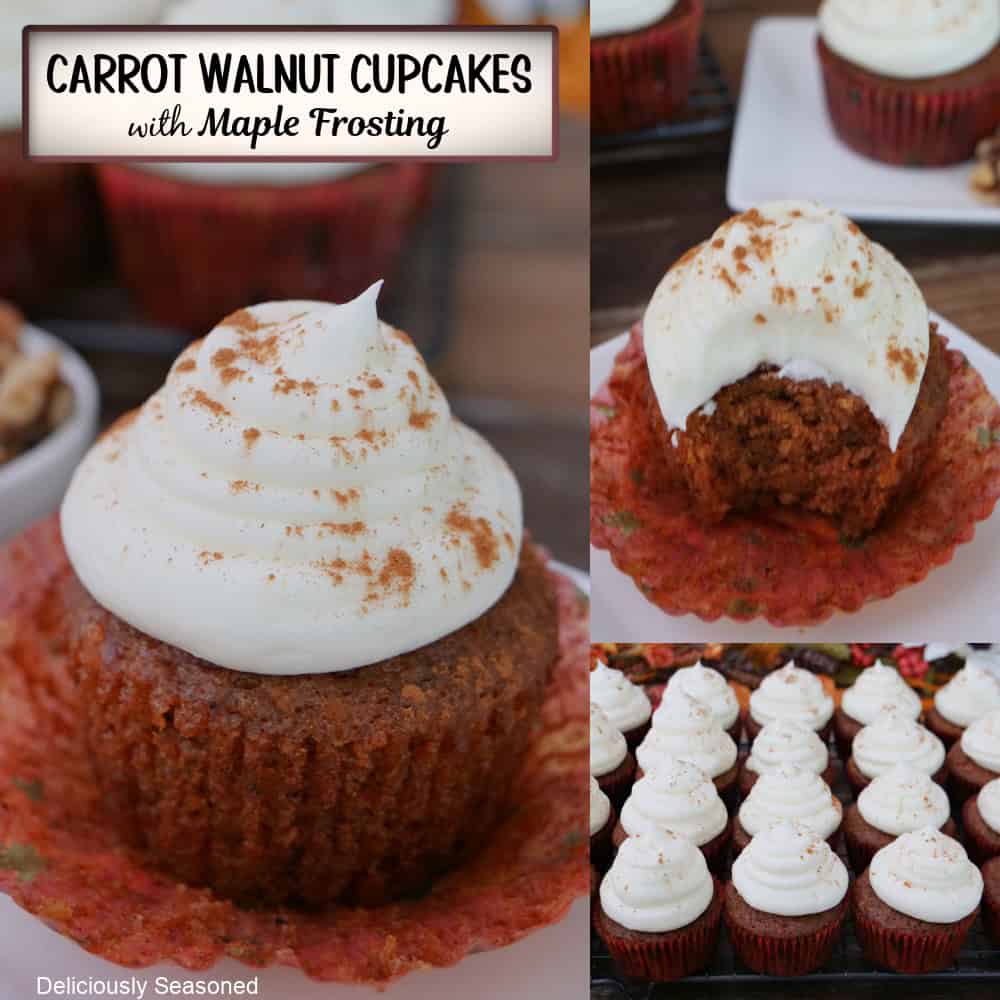 A three panel image collage of carrot walnut cupcakes with maple frosting, and a title overlay at the top.
