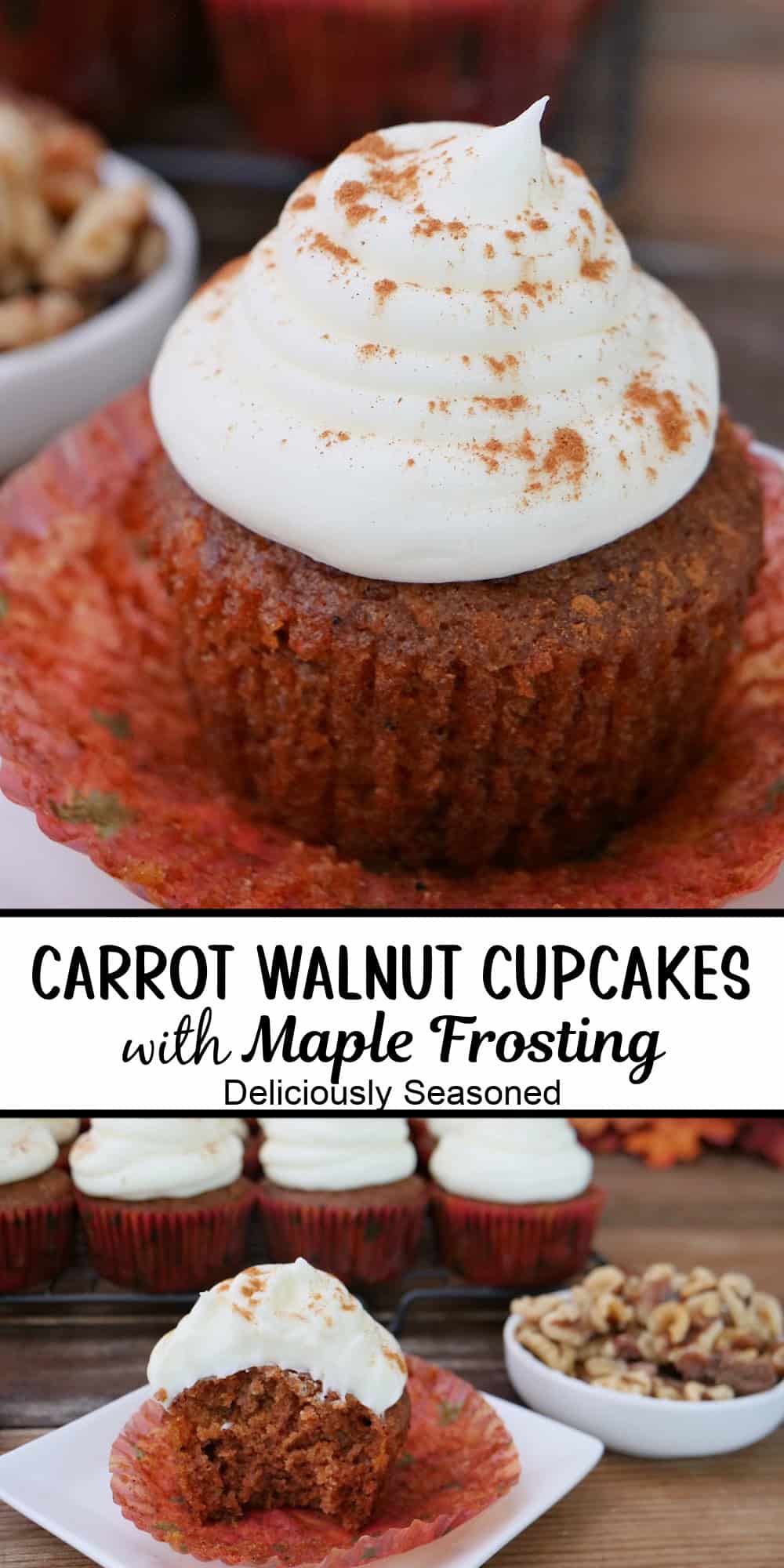 A two panel image collage of carrot walnut cupcakes with maple frosting, and a title overlay in the center.