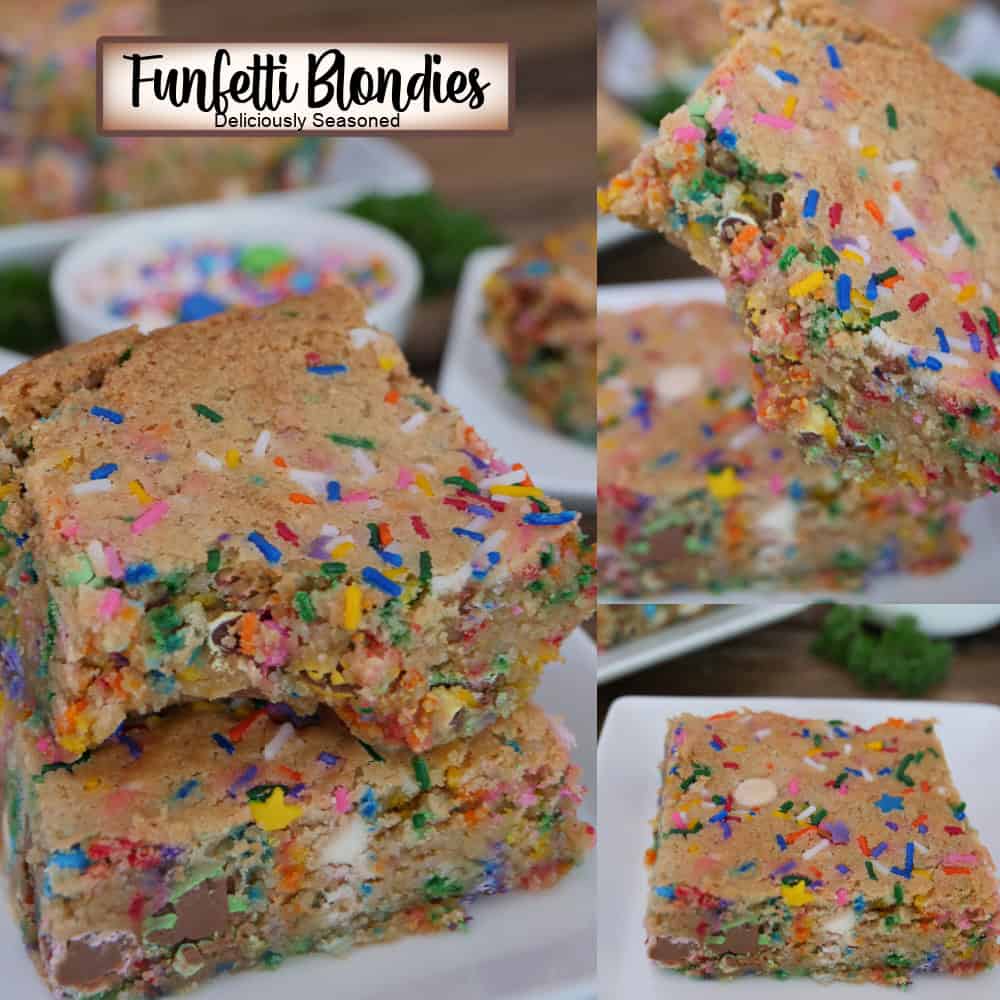 A three panel image collage of funfetti blondies, and a title overlay at the top.