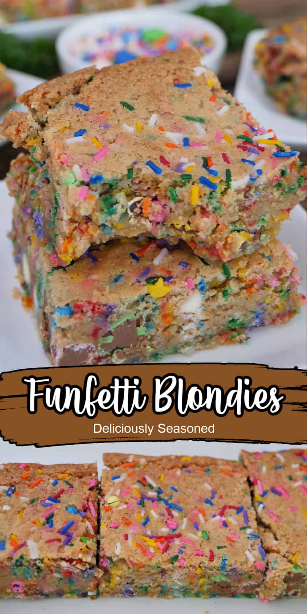 A two panel image collage of funfetti blondies, and a title overlay in the center.