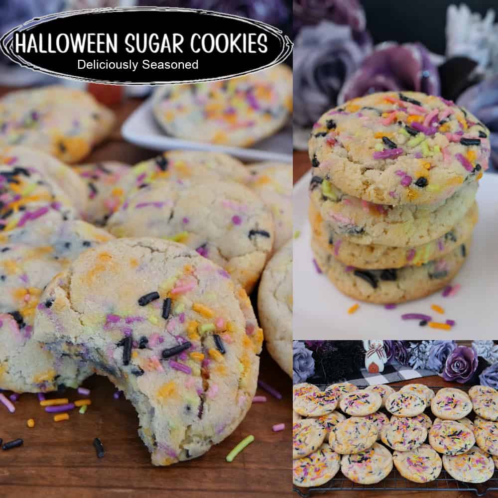 A three panel image collage of Halloween sugar cookies with a title overlay at the top.