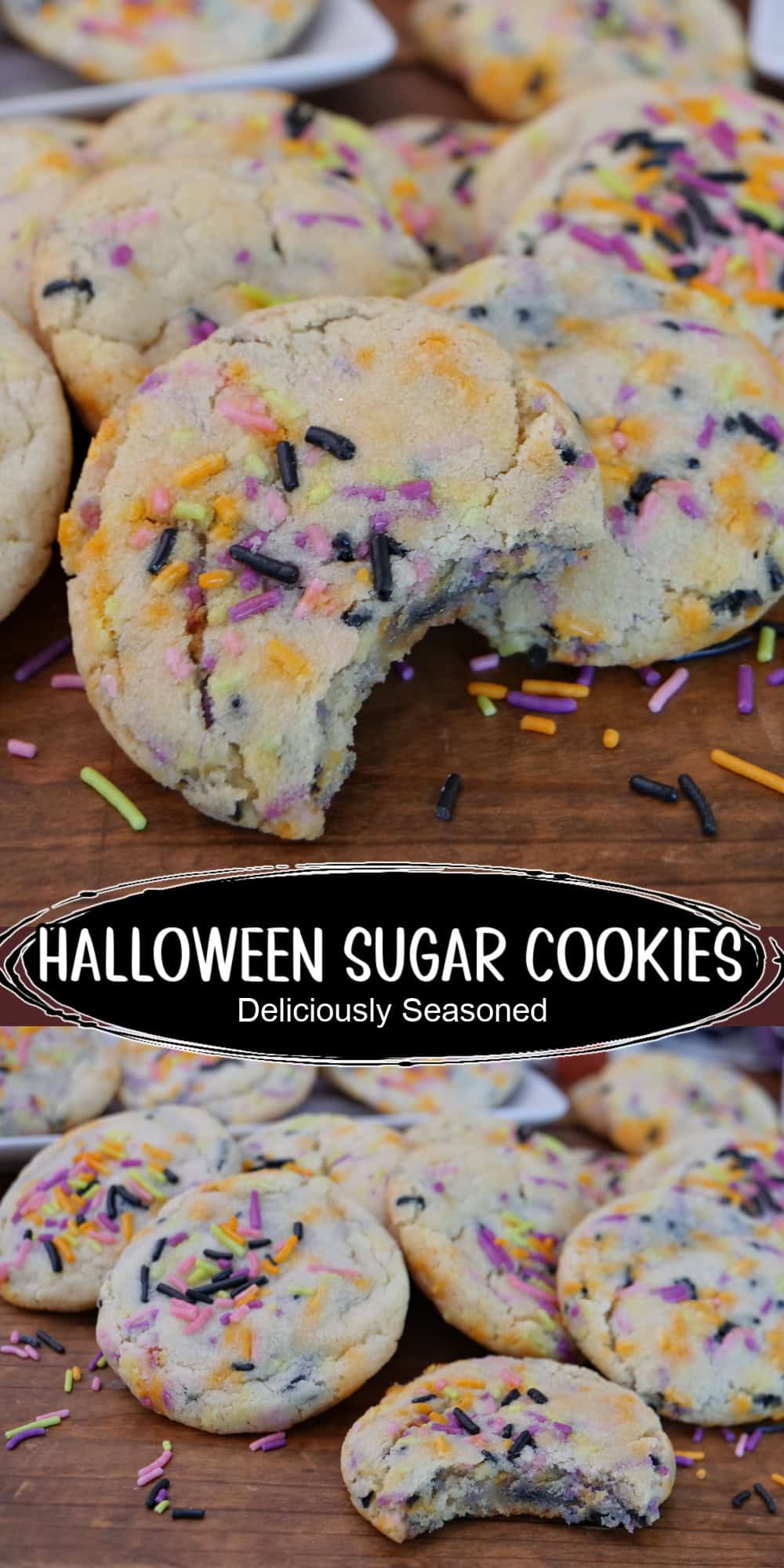 A two panel image collage of Halloween sugar cookies with a title overlay in the center.