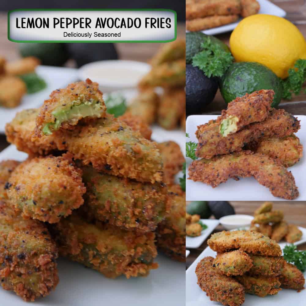 A three panel image collage of deep fried, crispy lemon pepper avocado fries, and a title overlay at the top.