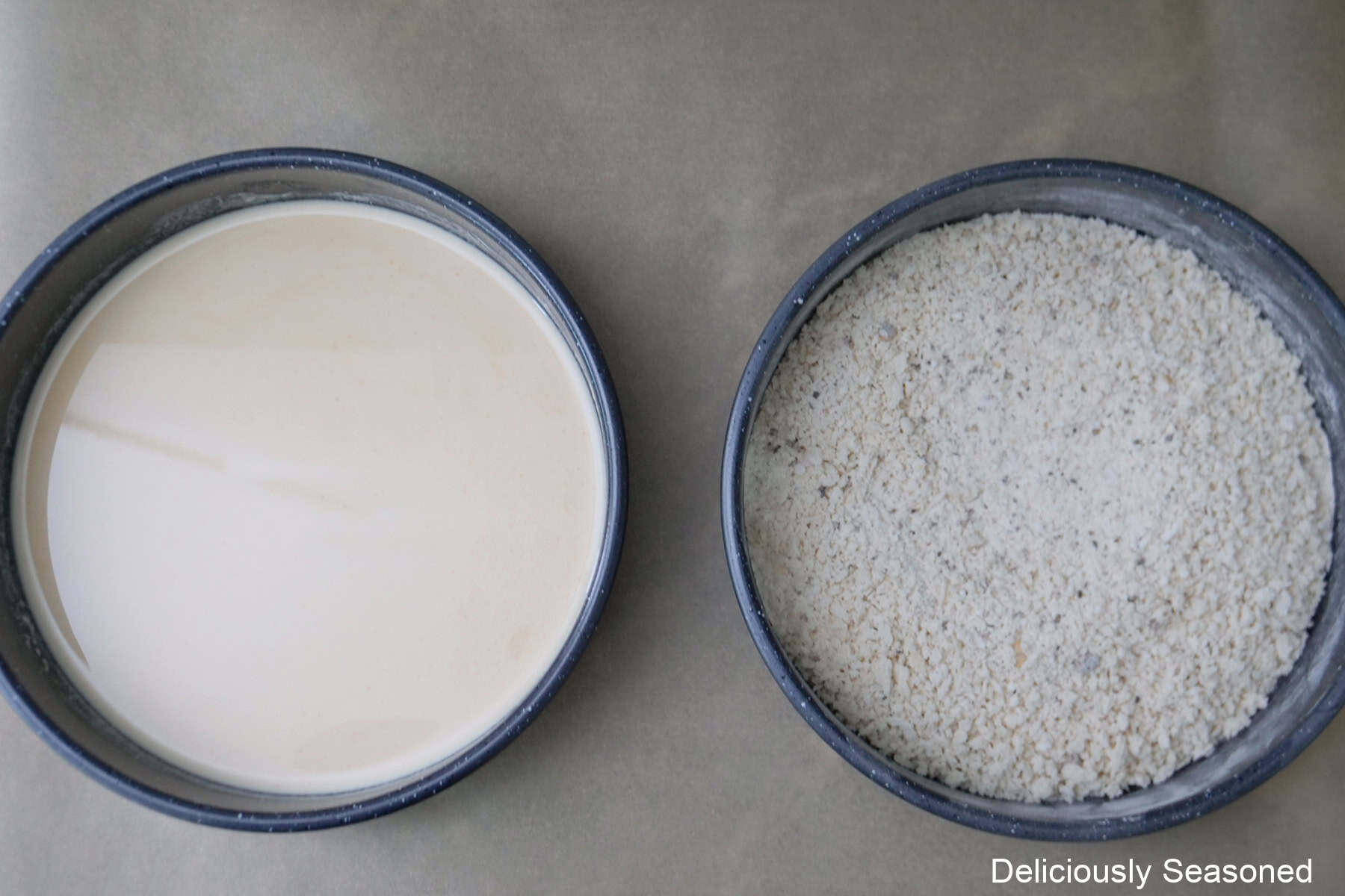Two round pans with a buttermilk mixture in one, and a panko breadcrumb mixture in the other.
