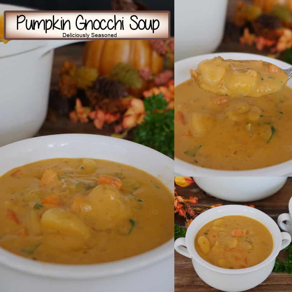 A white cast iron pot filled with pumpkin gnocchi soup, and a title overlay at the top.