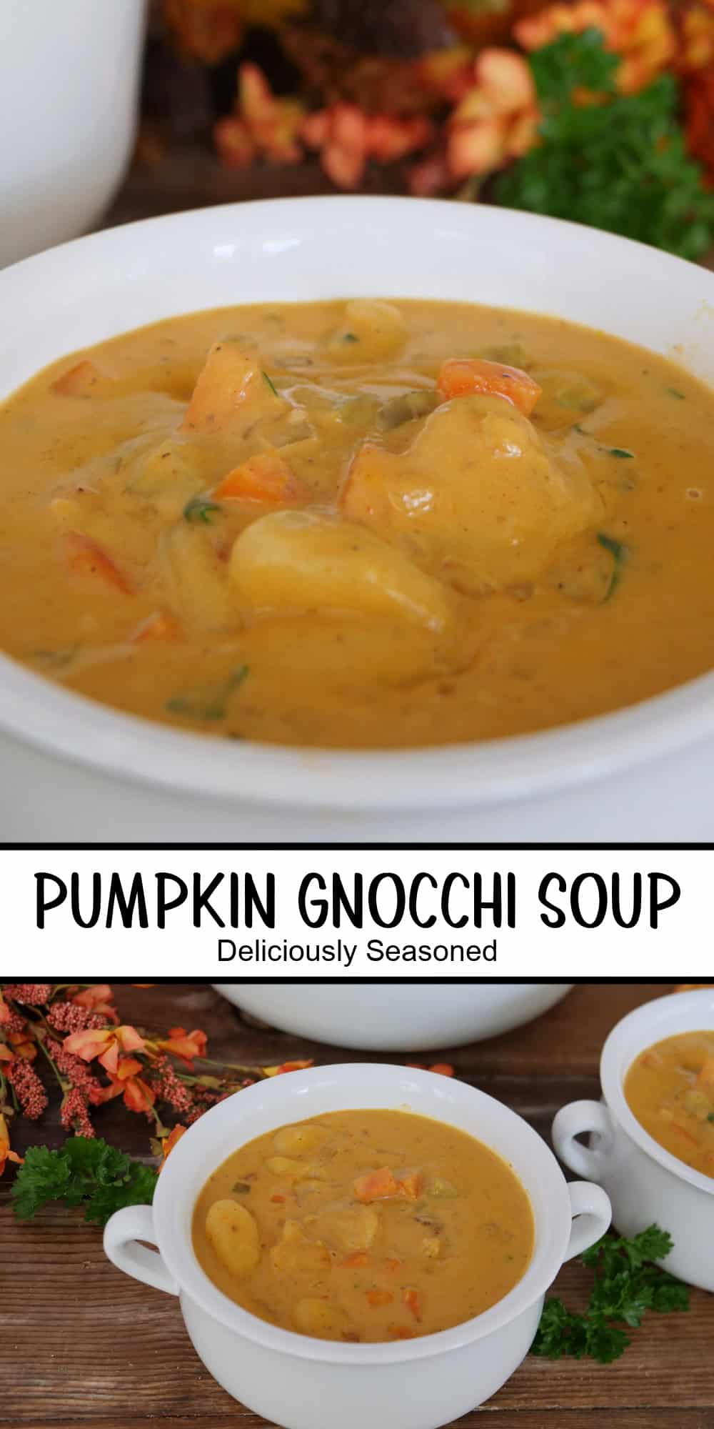A two panel image collage of pumpkin gnocchi soup in white bowls with a title overlay in the center.