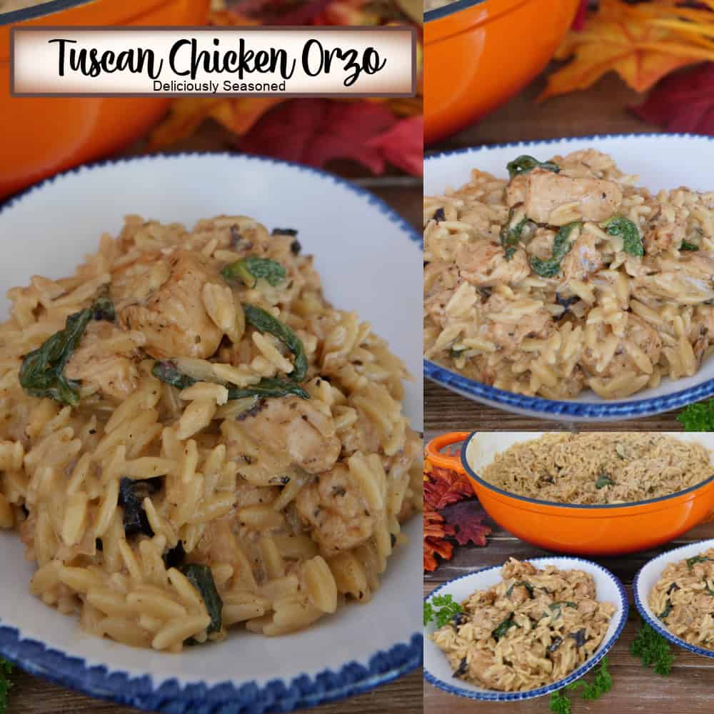 A three panel image collage of Tuscan chicken orzo with a title overlay at the top.