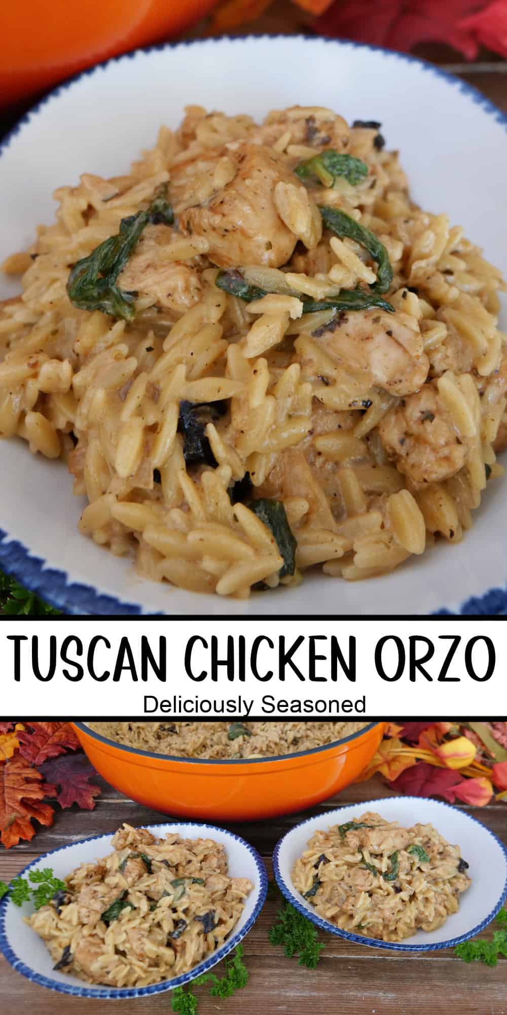 A two panel image collage of Tuscan chicken orzo in a white bowl with blue trim, and a title overlay in the center.