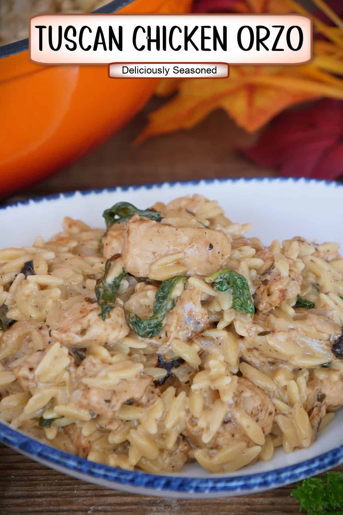 A white bowl with blue trim filled with a serving of Tuscan chicken orzo, and a title overlay at the top.