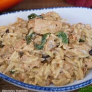 A white bowl with blue trim filled with a serving of Tuscan chicken orzo.
